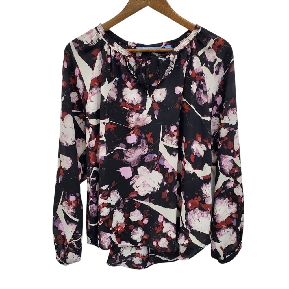 Simply Vera Vera Wang Floral Keyhole Neck Blouse Top Size PXL Long Sleeve
